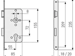 Abus Terrassentüren^Wohnungsabschlusstür-Einsteckschloss Edelstahl PZ DIN L Gold Stulpm. 20 mm
