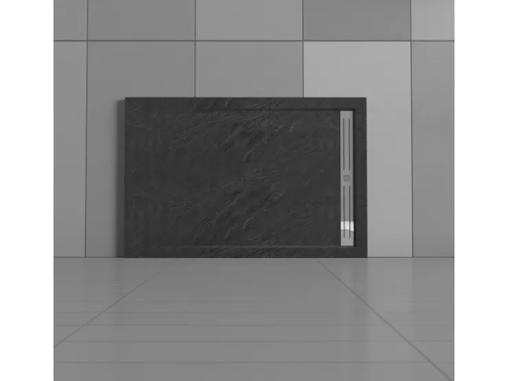 Abläufe|Steine^AICA 80x90x3cm Rechteck Duschtasse mit Ablaufgarnitur Schwarz Stein-Effekt Duschwanne
