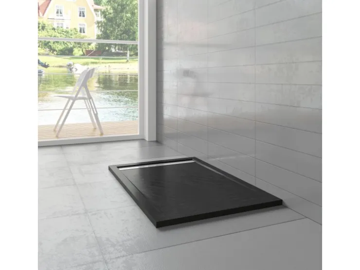 Abläufe|Steine^AICA 90x110x3cm Rechteck Duschtasse mit Ablaufgarnitur Schwarz Stein-Effekt Duschwanne
