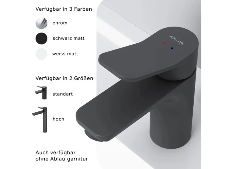 Abläufe^AM.PM Waschtischarmatur mit Klick-Ablauf, Waschbecken Armatur, Mischbatterie FXA82122 X-Joy Wasserhahn Bad Schwarz