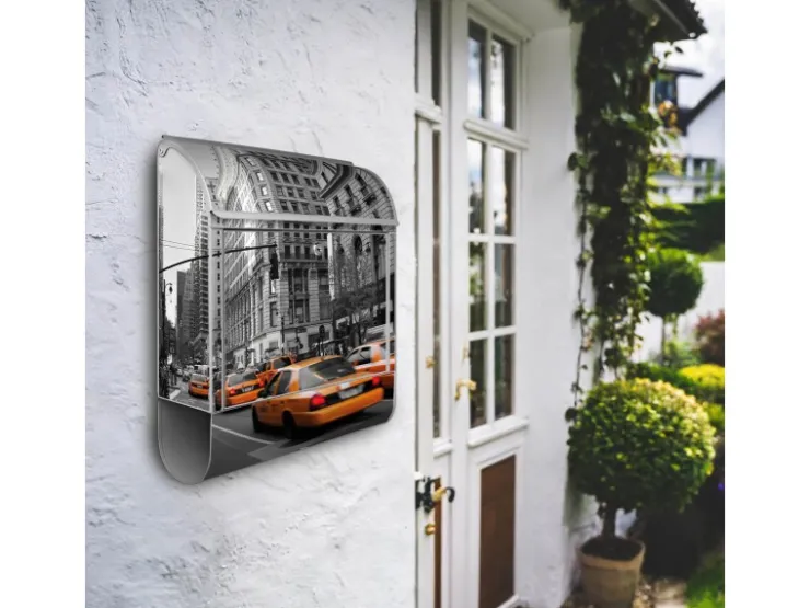 Banjado Türdichtungen^Design Briefkasten Silber Pulverbeschichtet 39x47x14cm 2 Schlüssel Mit Zeitungsfach Motiv New York Taxi