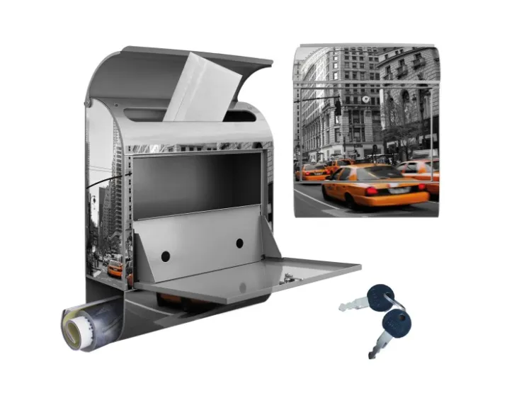 Banjado Türdichtungen^Design Briefkasten Silber Pulverbeschichtet 39x47x14cm 2 Schlüssel Mit Zeitungsfach Motiv New York Taxi
