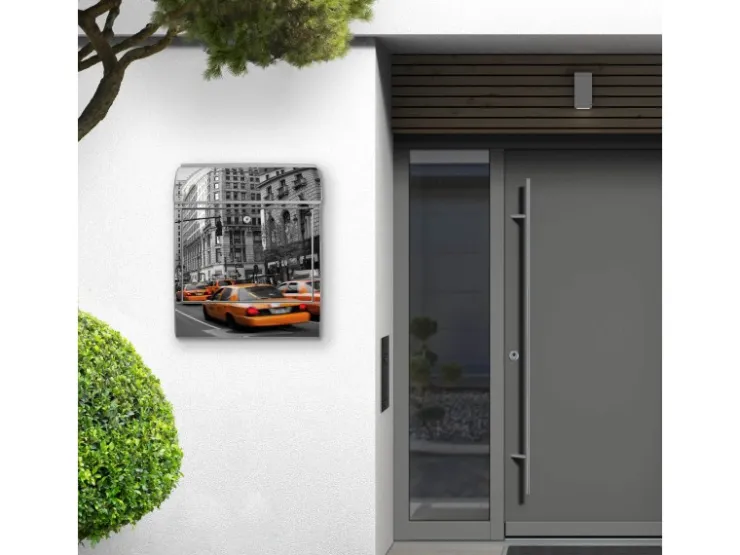 Banjado Türdichtungen^Design Briefkasten Silber Pulverbeschichtet 39x47x14cm 2 Schlüssel Mit Zeitungsfach Motiv New York Taxi