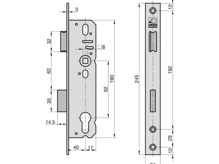 Basi Terrassentüren|Wohnungseingangstüren^- Einsteck-Rohrrahmenschloss - ES 958 - Lochung PZW - Stulp 24 mm Käntig - Dornmaß 40 mm - 9585-4020