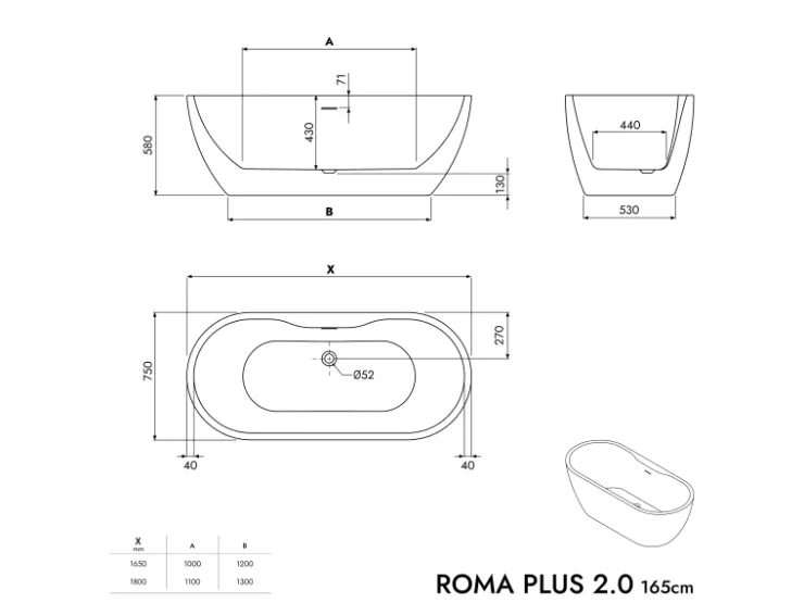 Abläufe^Bernstein Freistehende Badewanne ROMA PLUS 2.0 Acryl Weiß Matt 165x75x58 cm