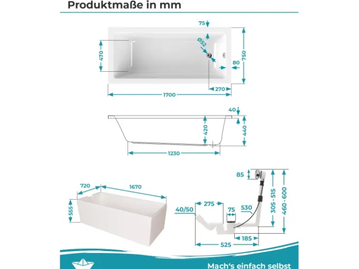 Abläufe^Calmwaters Rechteckwanne Modern Square 170x75 cm Set Wannenträger & Ablaufgarnitur 99000165