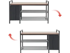 DuneDesign Möbelbauplatten^Metall Schuhregal mit Sitzbank und Korb 92 x 30 x 52 cm