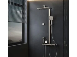 Abläufe^Emke Duschsystem Regendusche Anthrazit Matt LED-Anzeige Glasablage Duschsystem mit Thermostat mit 3+1 Elternteil und Kind Handbrause