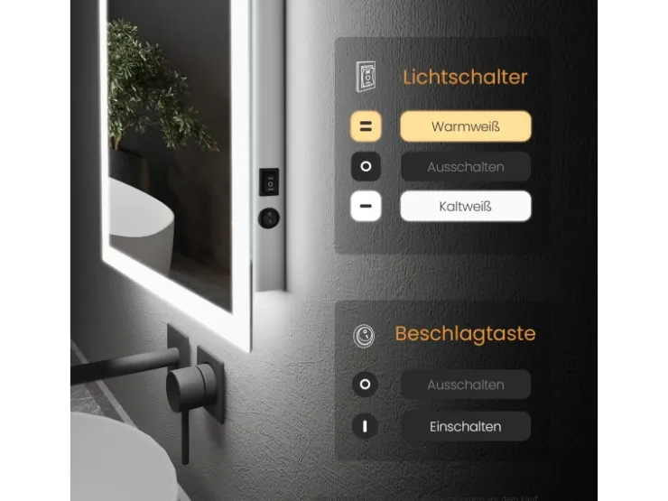Badlüfter^Emke LED Badspiegel 100 x 60 cm Wandspiegel Badezimmerspiegel mit Beschlagfrei Kippschalter KaltweißWarmweiß