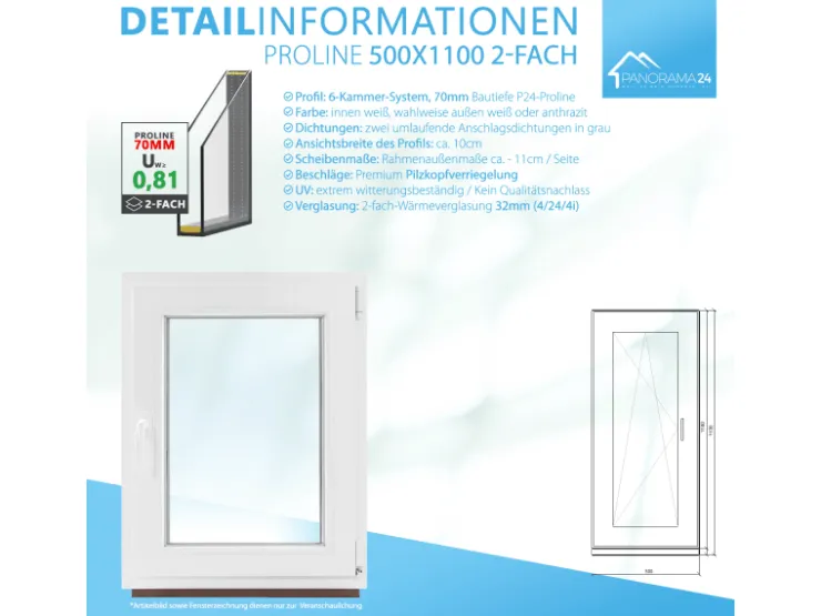 Framelux Kunststofffenster^Kunststofffenster Proline 2-Fach Verglasung 500 x 1100 mm Rechtsanschlag Anthrazit
