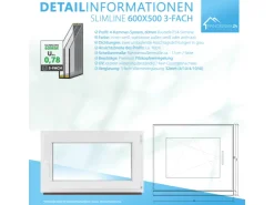 Kunststofffenster*Framelux Kunststofffenster Slimline 3-Fach Verglasung 600 x 500 mm Rechtsanschlag Weiß