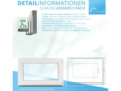 Kunststofffenster*Framelux Kunststofffenster Slimline 3-Fach Verglasung 650 x 450 mm Linksanschlag Anthrazit