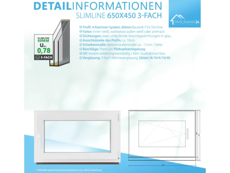 Kunststofffenster*Framelux Kunststofffenster Slimline 3-Fach Verglasung 650 x 450 mm Linksanschlag Anthrazit