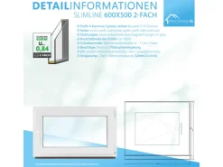 Kunststofffenster*Framelux Kunststofffenster Slimline 2-Fach Verglasung 600 x 500 mm Rechtsanschlag Anthrazit