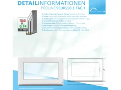 Kunststofffenster*Framelux Kunststofffenster Proline 3-Fach Verglasung 950 x 550 mm Rechtsanschlag Anthrazit