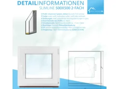 Kunststofffenster*Framelux Kunststofffenster Slimline 2-Fach Verglasung 500 x 500 mm Linksanschlag Weiß
