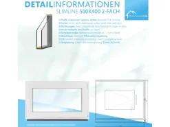 Kunststofffenster*Framelux Kunststofffenster Slimline 2-Fach Verglasung 500 x 400 mm Linksanschlag Weiß
