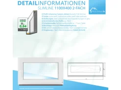 Kunststofffenster*Framelux Kunststofffenster Slimline 2-Fach Verglasung 1100 x 400 mm Linksanschlag Anthrazit