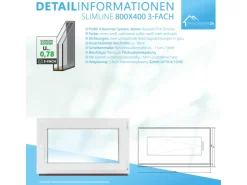 Kunststofffenster*Framelux Kunststofffenster Slimline 3-Fach Verglasung 800 x 400 mm Rechtsanschlag Weiß