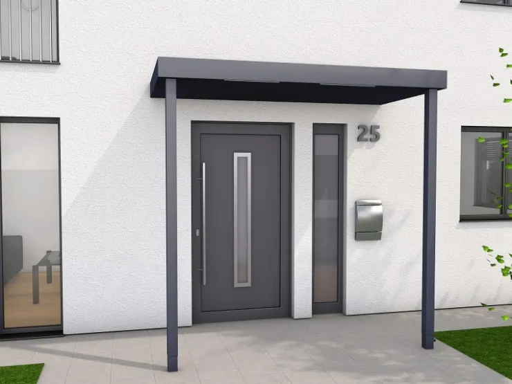 Abläufe*Gutta Rechteckvordach BS PLUS Anthrazit 200 x 90 cm 2 Pfosten und Ablauf Rechts