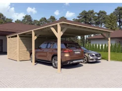 Brettschichtholz*Holzbrüder Carport Ralf 52m² mit Geräteraum Natur- Dunkelbraun