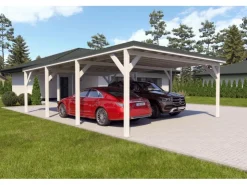 Brettschichtholz*Holzbrüder Carport Ralf 52m² Reinweiß- Dornengrün