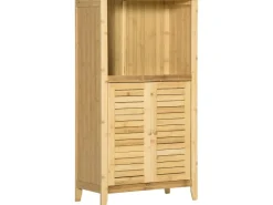 HOMCOM Lamellentüren^Badschrank mit 2 Lamellentüren Bambus Natur 50L x 25,5B x 92H cm