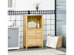 HOMCOM Lamellentüren^Badschrank mit 2 Lamellentüren Bambus Natur 50L x 25,5B x 92H cm
