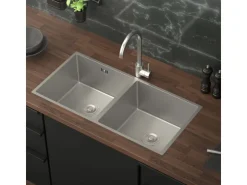 ML-Design Abläufe^Doppelspülbecken Edelstahl 81,5x40 cm Rechteckig 2 Becken mit Siphon Silber