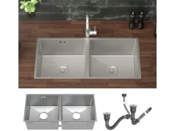ML-Design Abläufe^Doppelspülbecken Edelstahl 81,5x40 cm Rechteckig 2 Becken mit Siphon Silber