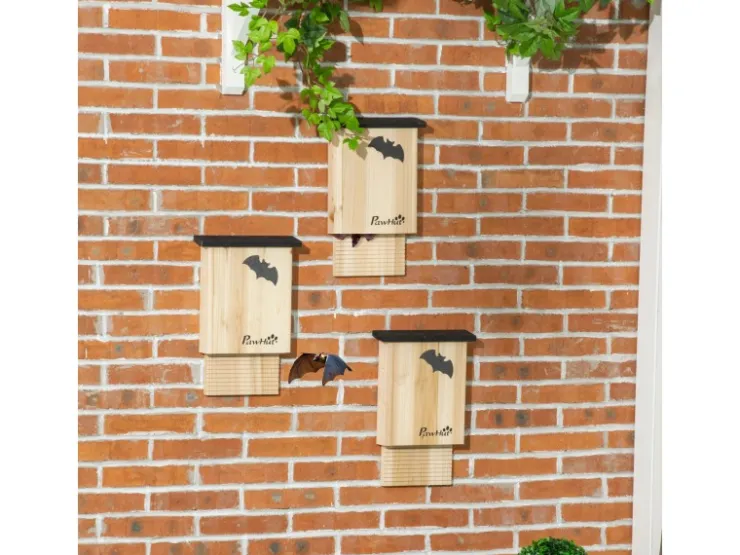 PawHut Entwässerungsrinnen^Fledermauskasten 3er-Set zum Aufhängen Tannenholz 25 x 6 x 37,5 cm Natur