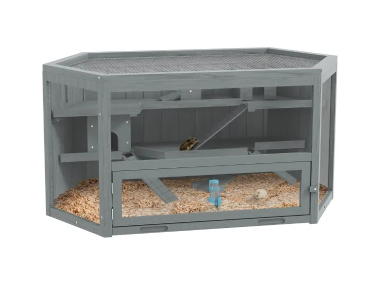 PawHut Holzfenster^Hamsterkäfig Tannenholz PS-Plexiglas Grau 115L x 60B x 55H cm