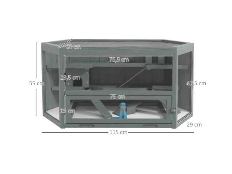PawHut Holzfenster^Hamsterkäfig Tannenholz PS-Plexiglas Grau 115L x 60B x 55H cm