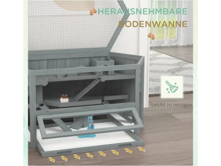 PawHut Holzfenster^Hamsterkäfig Tannenholz PS-Plexiglas Grau 115L x 60B x 55H cm