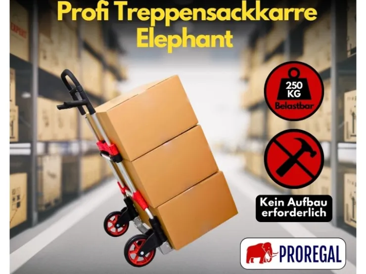PROREGAL Bauzubehör|Baugeräte^Klappbare Profi-Sackkarre ELEPHANT HxBxT 112 x 60 x 61 cm Traglast 250 kg Ergonomische Griffe TPR-Gummiräder Schwarz-Rot-Silber