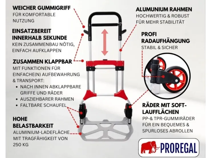 PROREGAL Bauzubehör|Baugeräte^Klappbare Profi-Sackkarre ELEPHANT HxBxT 112 x 60 x 61 cm Traglast 250 kg Ergonomische Griffe TPR-Gummiräder Schwarz-Rot-Silber