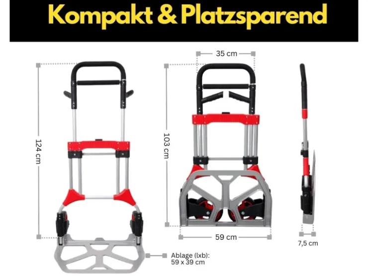 PROREGAL Bauzubehör|Baugeräte^Klappbare Profi-Sackkarre ELEPHANT HxBxT 112 x 60 x 61 cm Traglast 250 kg Ergonomische Griffe TPR-Gummiräder Schwarz-Rot-Silber