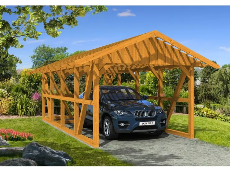 Konstruktionsvollholz*Skan Holz Carport Schwarzwald m. Dachlattung u. Abstellr. 424 x 772 cm Eiche