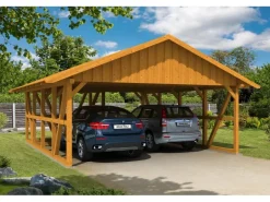 Konstruktionsvollholz*Skan Holz Carport Schwarzwald m. Dachschalung u. Abstellr. A 684 x 772 cm Eiche