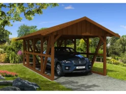 Konstruktionsvollholz*Skan Holz Carport Schwarzwald m. Dachschalung u. Abstellr. 424 x 772 cm Nuss