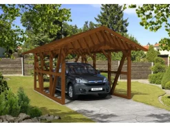 Konstruktionsvollholz*Skan Holz Carport Schwarzwald m. Dachlattung u. Rückwand 424 x 600 cm Nuss