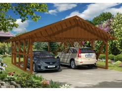 Konstruktionsvollholz*Skan Holz Carport Schwarzwald m. Dachlattung u. Rückwand 684 x 772 cm Nuss