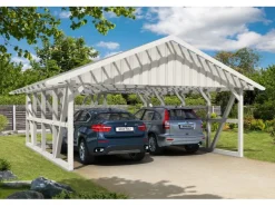 Konstruktionsvollholz*Skan Holz Carport Schwarzwald m. Dachlattung u. Abstellr. A 684 x 772 cm Weiß