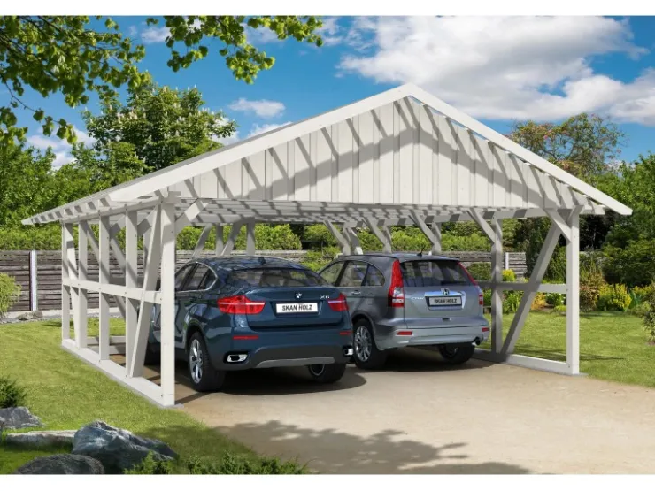 Konstruktionsvollholz*Skan Holz Carport Schwarzwald m. Dachlattung u. Abstellr. A 684 x 772 cm Weiß
