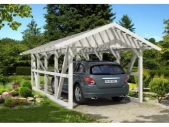 Konstruktionsvollholz*Skan Holz Carport Schwarzwald m. Dachlattung u. Rückwand 424 x 772 cm Weiß