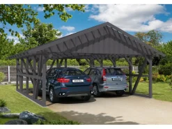 Konstruktionsvollholz*Skan Holz Carport Schwarzwald m. Dachlattung u. Abstellr. A 684 x 772 cm Grau