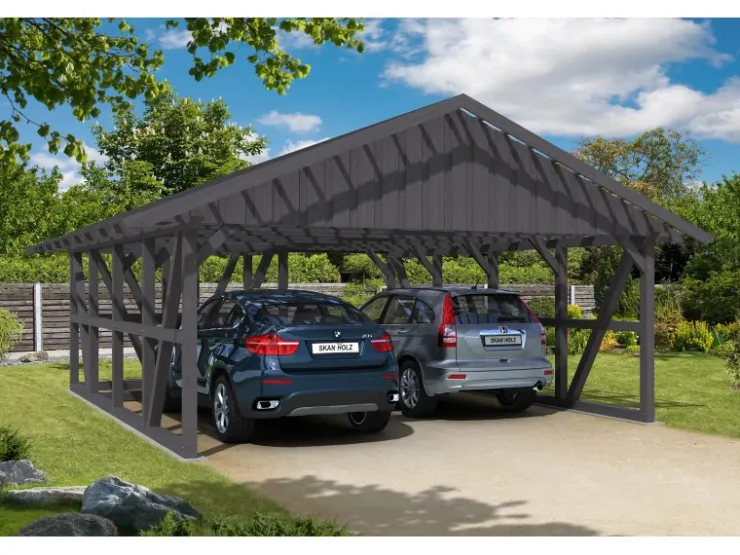 Konstruktionsvollholz*Skan Holz Carport Schwarzwald m. Dachlattung u. Abstellr. A 684 x 772 cm Grau