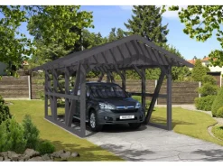 Konstruktionsvollholz*Skan Holz Carport Schwarzwald m. Dachlattung u. Rückwand 424 x 600 cm Grau