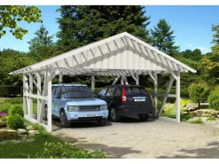 Konstruktionsvollholz*Skan Holz Carport Schwarzwald m. Dachlattung u. Rückwand 684 x 600 cm Weiß