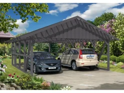 Konstruktionsvollholz*Skan Holz Carport Schwarzwald m. Dachlattung u. Rückwand 684 x 772 cm Grau